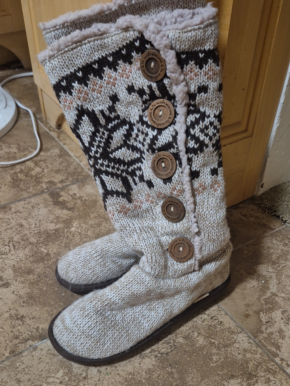Muk Luks Beige Knit Button-Front Tall Slipper Boots with Black and Tan Pattern